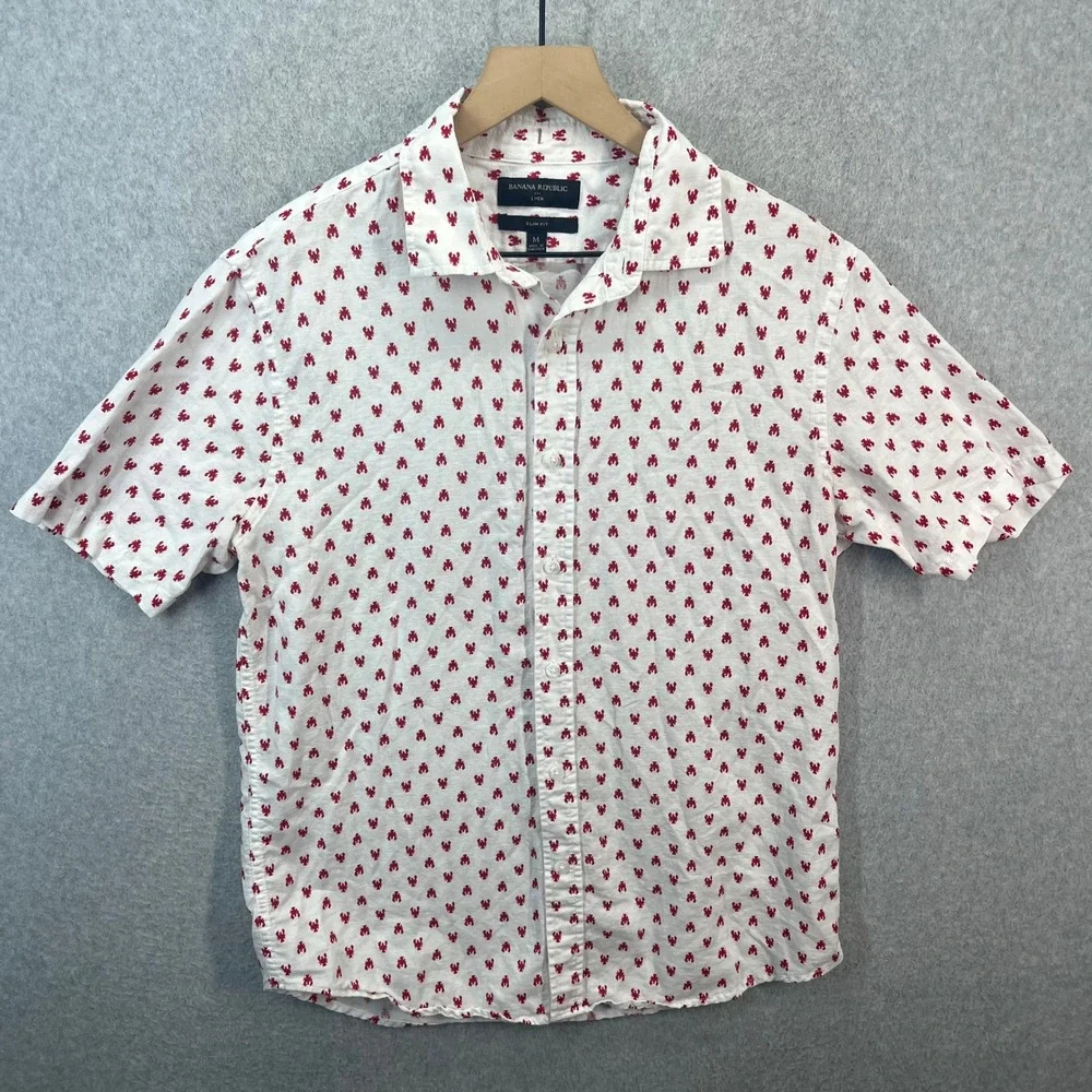 Banana Republic Mens Linen Shirt Slim Fit White Red Lobster Print Short Sleeve M